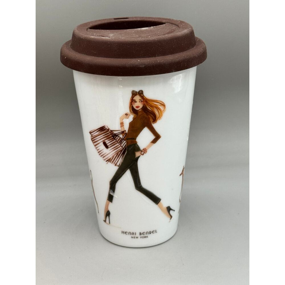 Henri Bendel Ceramic Shopper Shopping Girl & Dog 10oz Travel Coffee Mug
